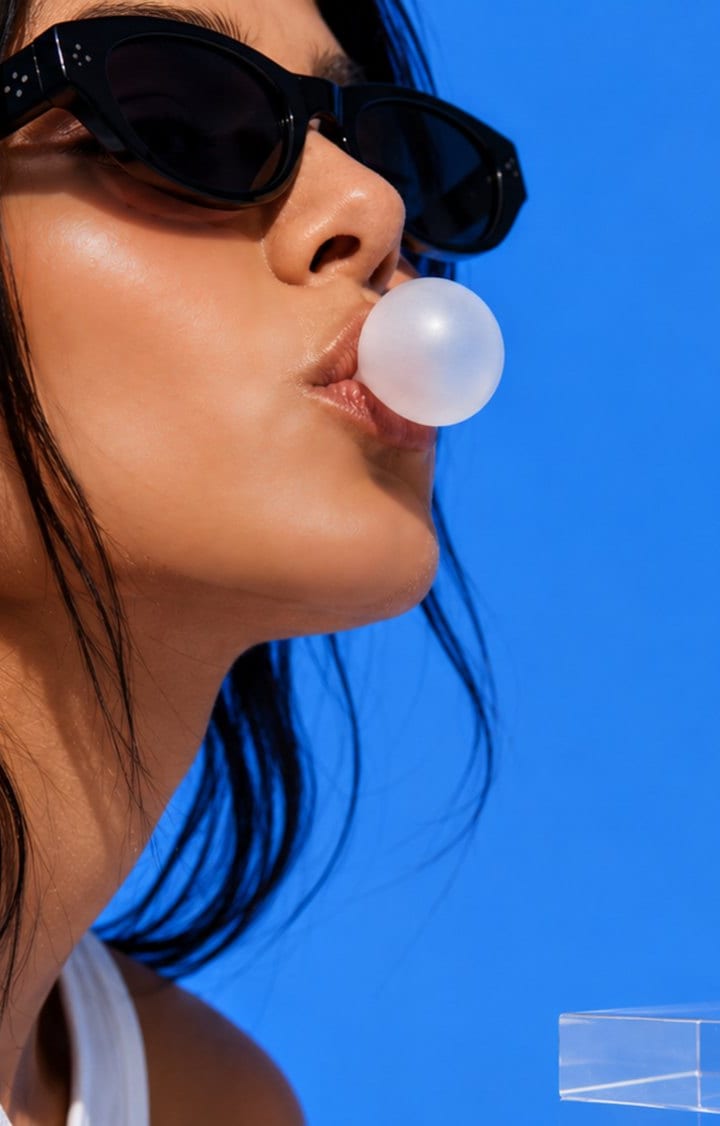 A woman blowing a bubble next to a bottle of Abitagum focus gum