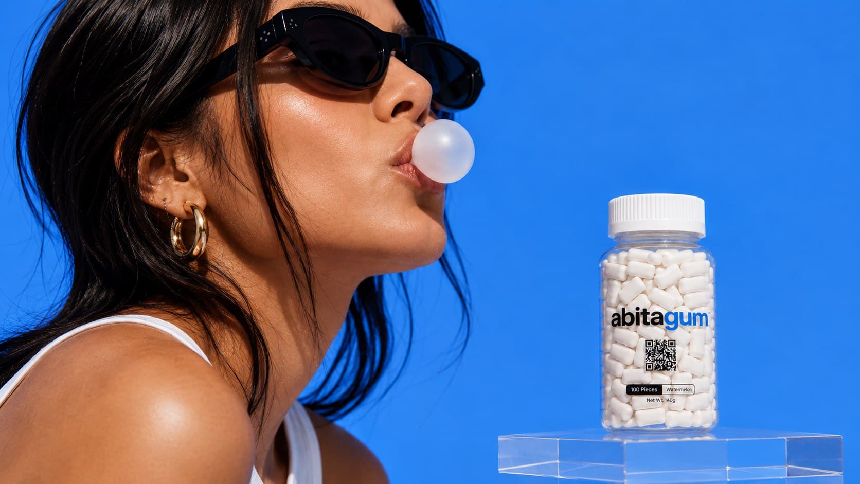 Blowing a bubble with Abitagum focus gum