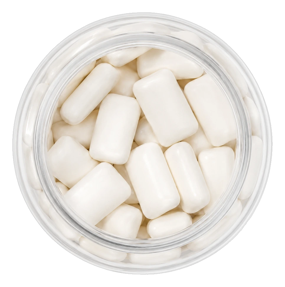 Looking down into a jar of Abitagum focus gum, one hundred pieces